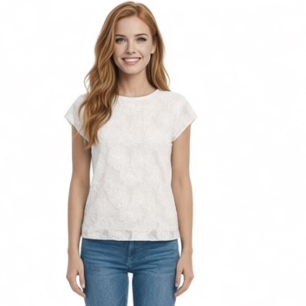 4th & Union XS Petite White Textured Burnout Capped Sleeve Crewneck Top…
